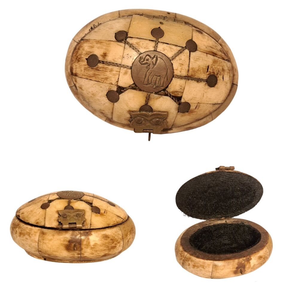 Vintage Camel Bone Trinket Jewelry Box Brass Inlay Handcrafted Oval India